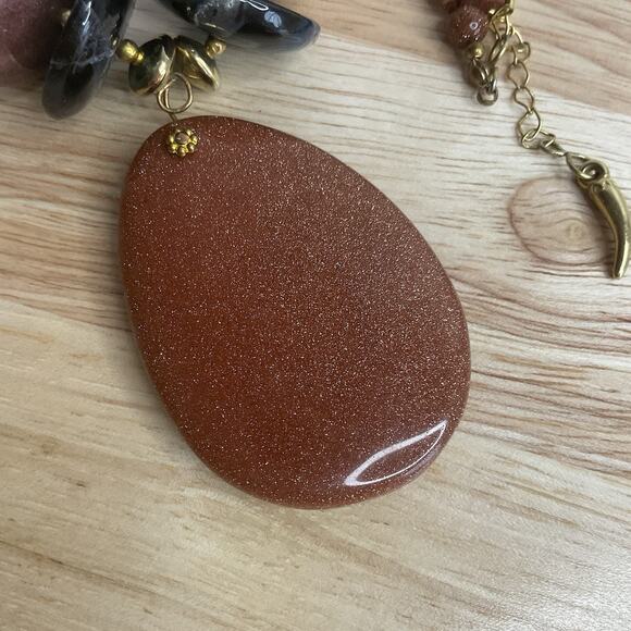 Goldstone Bead Necklace with Large Pendant & Natural Stone Accents - Picture 4 of 13